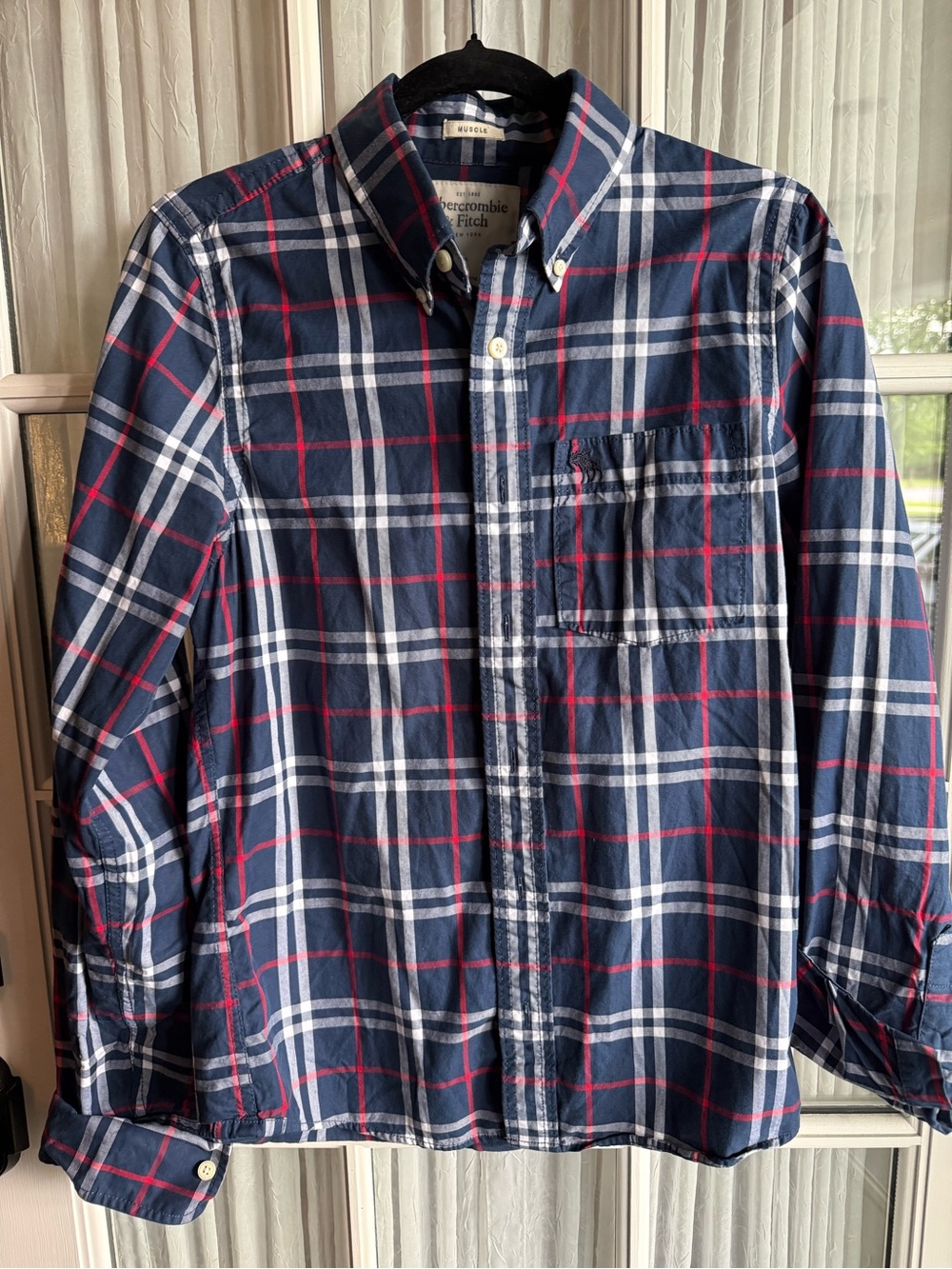Abercrombie & Fitch Men's Navy Plaid Button-Down Shirt Sz S Long Sleeve